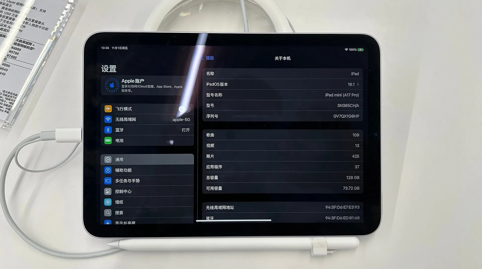 iPad Mini 7 showing its About screen, photographed November 2024