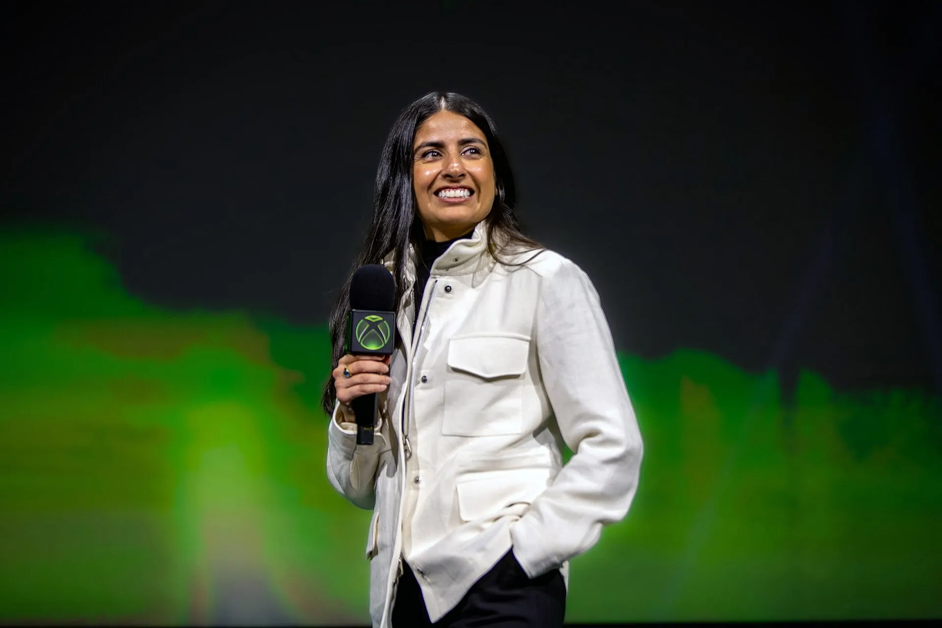 Asha Sharma, CEO of Xbox, speaking at the 2026 Xbox Showcase in Los Angeles